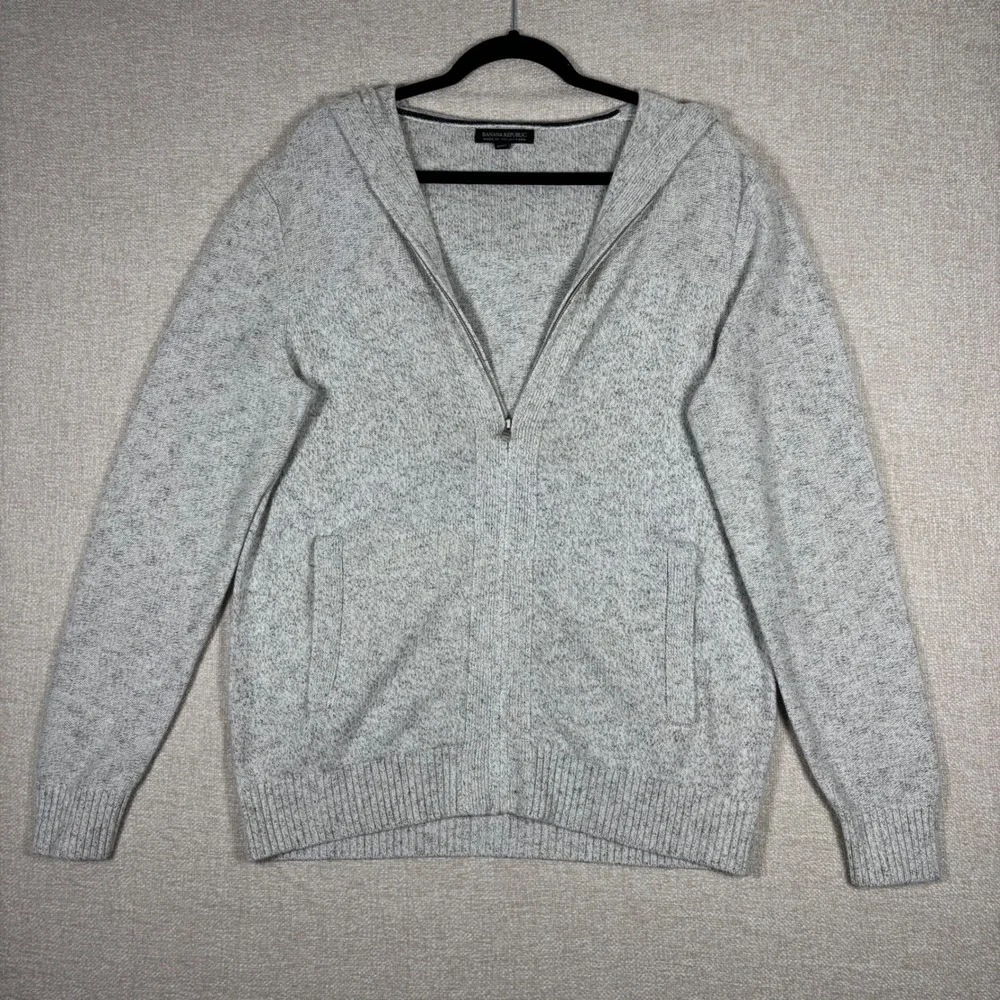 Banana Republic Mens Italian Yarn Wool Linen Full Zip Hooded Sweater Gray Large